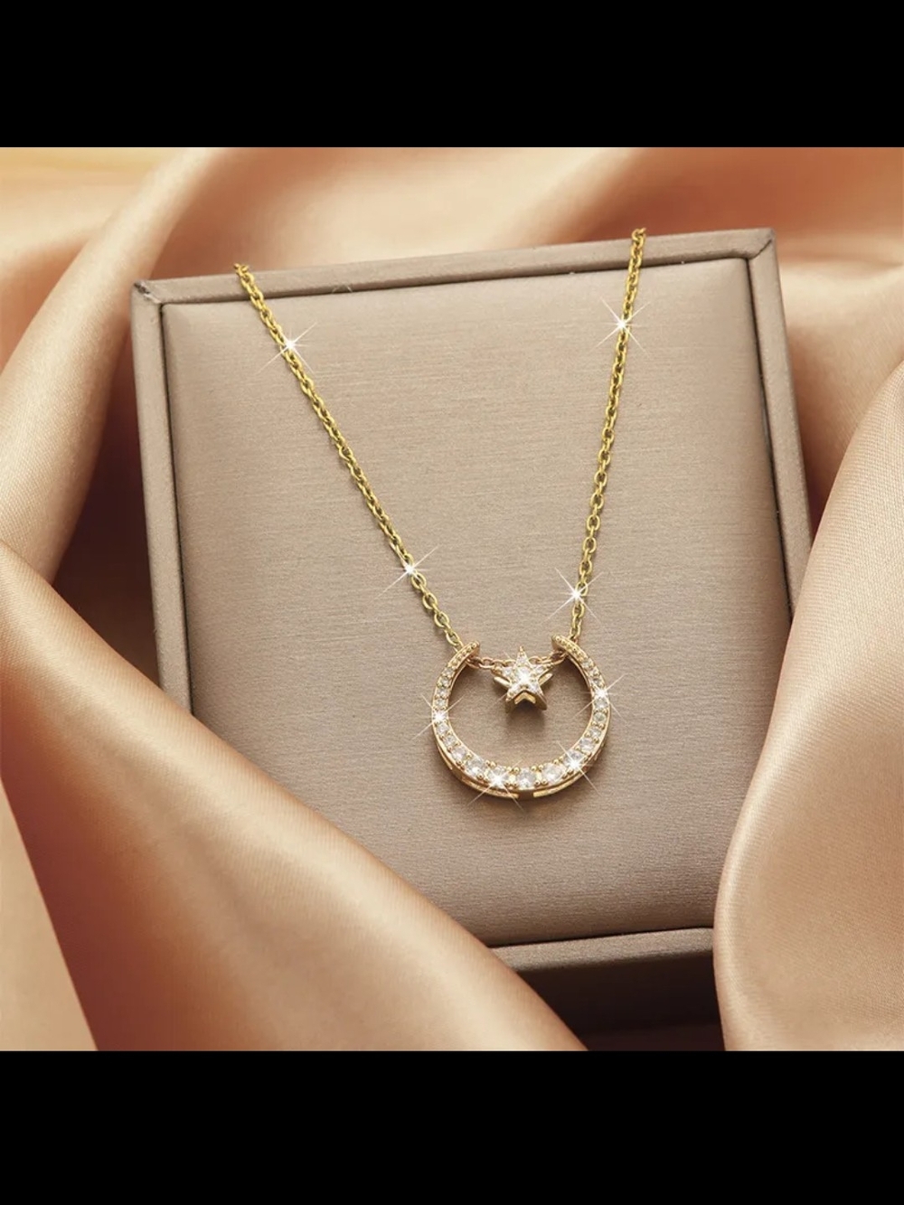 Stainless Steel Gold PlatedCrescent and Star Pendant Necklace